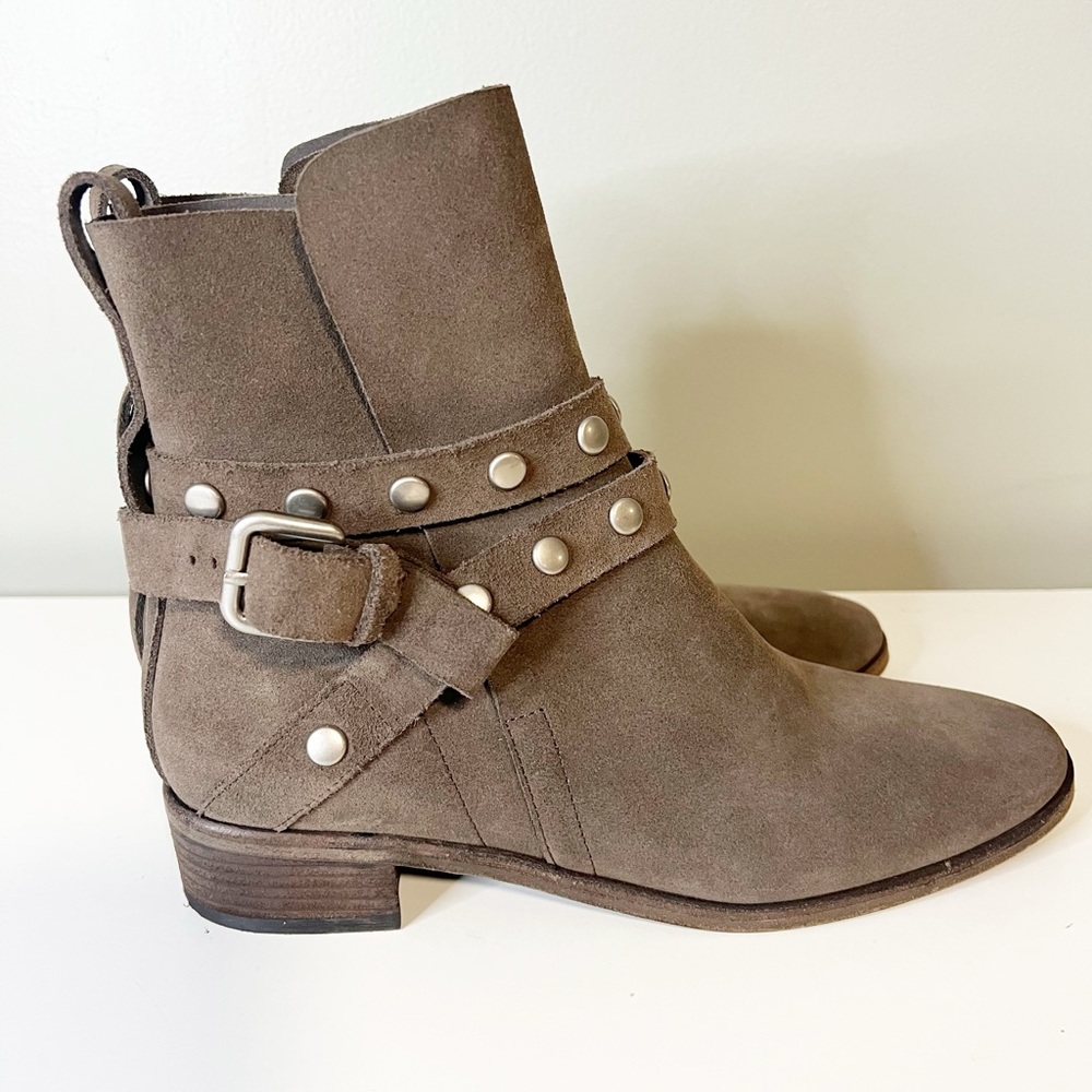 See by Chloe Neo Janis Metal Studded Buckle Suede Taupe Slip On Ankle Boot - Picture 7 of 9